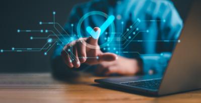 service guarantee, Validation concept for business process automation, quality assurance management, certification, digital transformation. businessman touching checked icon on virtual screen.